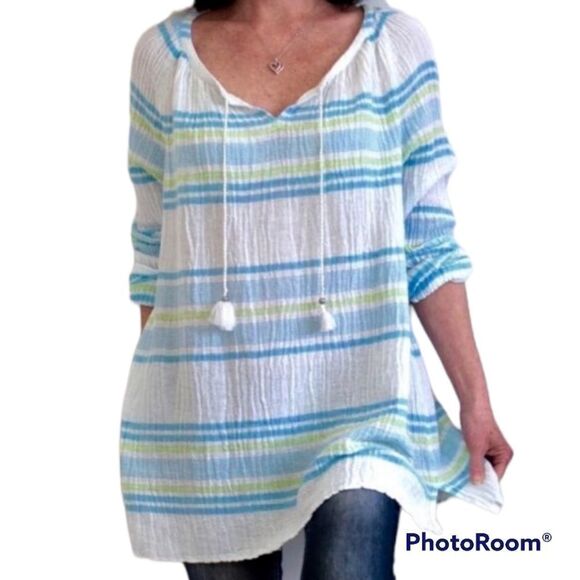 J.Jill small white blue stripe oversized cotton summer tie tassel neck tunic top - Picture 1 of 7